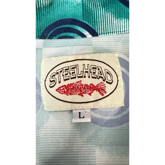 Steelhead Men's Short Sleeve Button Down Shirt Geometric Fish Trout Print L Blue - Picture 3 of 7